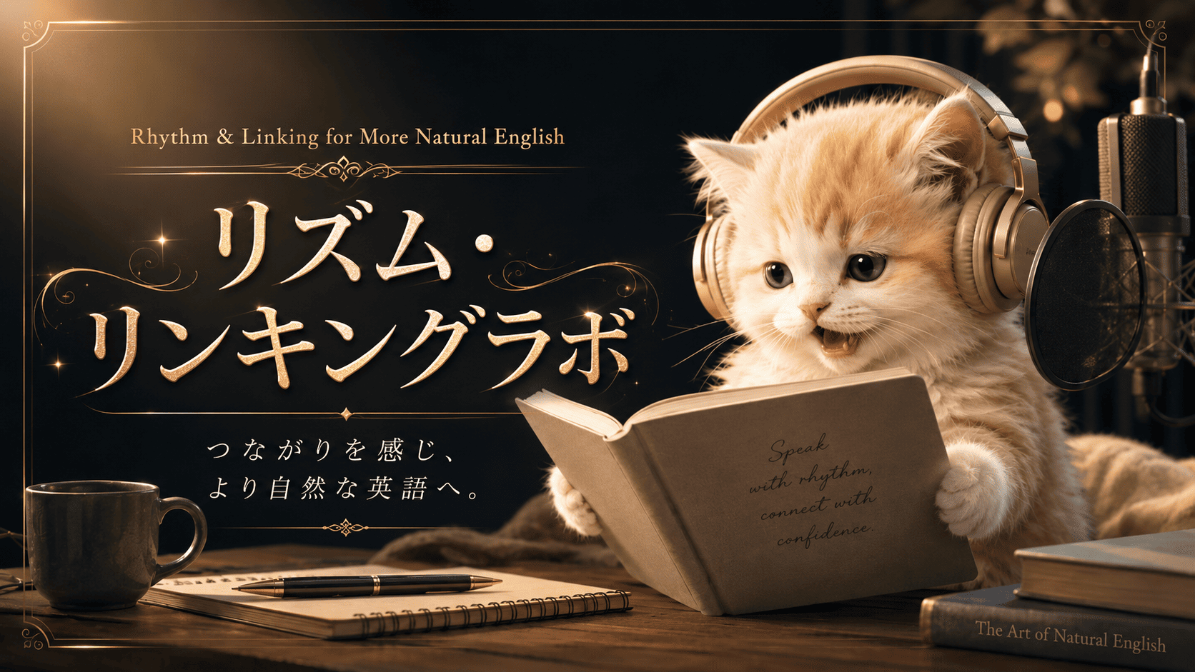 ヘッドフォンをつけて英語を学ぶ猫と、リズム・リンキングラボのタイトル